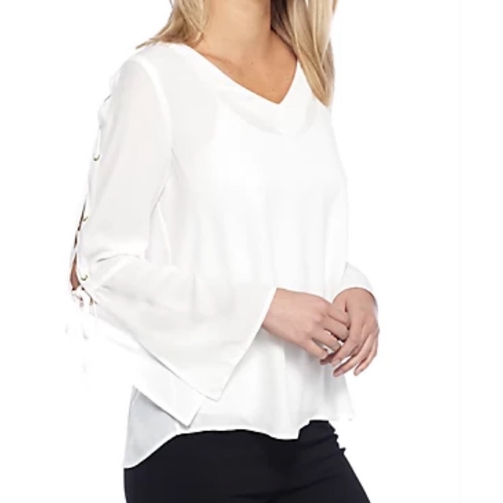 Kaari Blue V-Neck Blouse with Lace-Up Bell Sleeves
